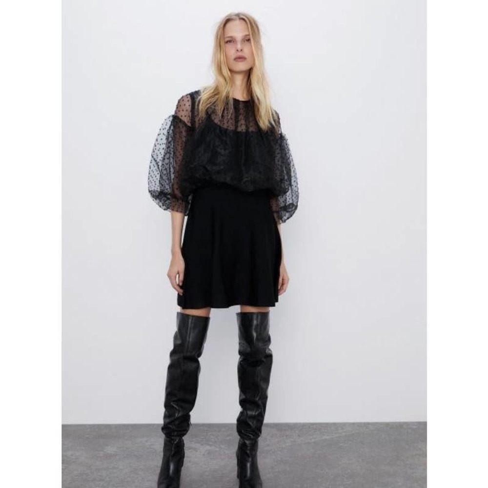 NWT Zara Sheer Black Polka Dot Puff Sleeve Dress Size Small Black Swiss Dot